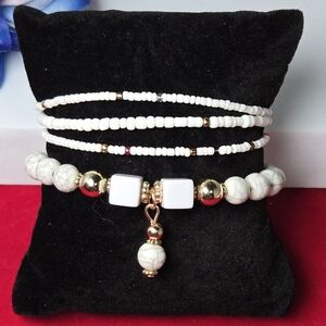 Boho White Gold Beaded Bracelet Set of 4 Stretch Charm Bracelet Stack Minimalist